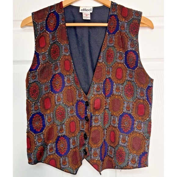 Effeci Jackets & Blazers - Creazioni Effeci Batik Womens Medium Beaded Vest Retro Brown Funky 70s Bohemian